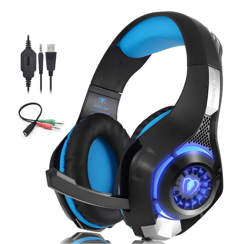 Cuffie da gioco Beexcellent GM-1 con LED blu, microfono integrato, padiglioni neri e cavo incluso.