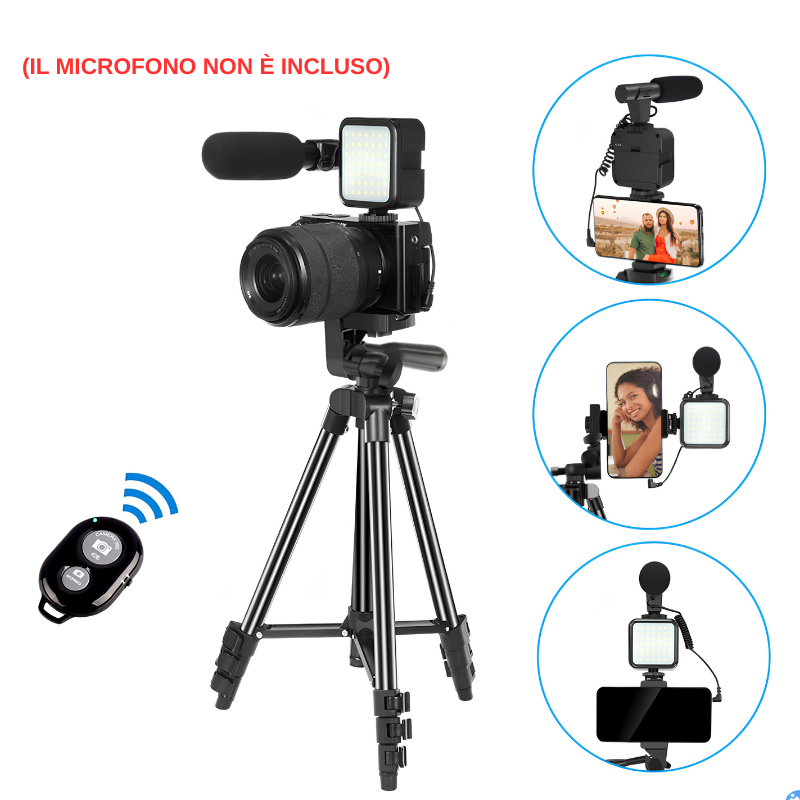 Treppiede portatile per fotocamera con luce LED e microfono, controllo remoto