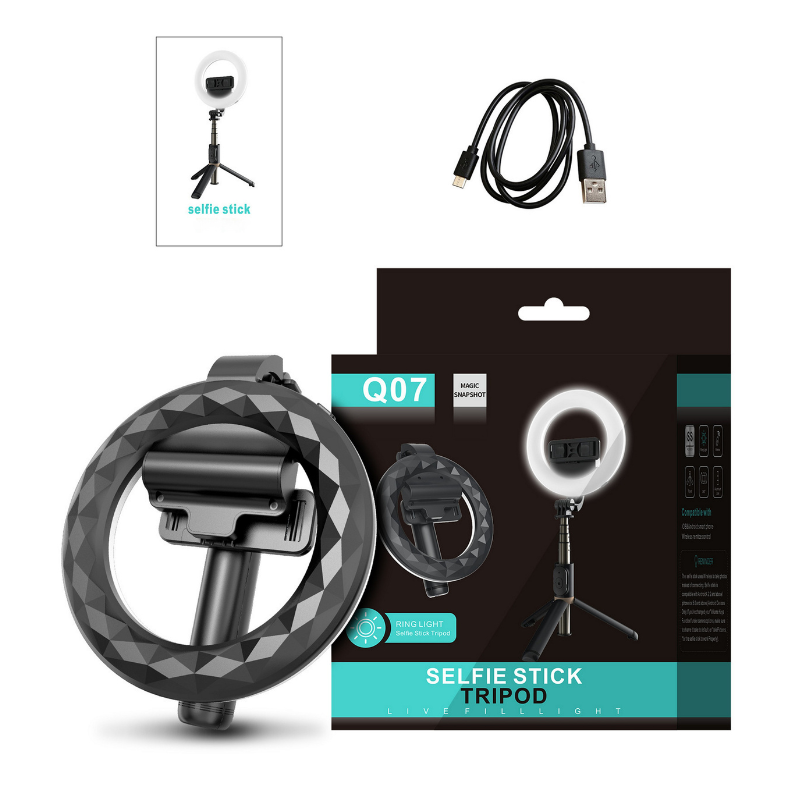Anello LED per selfie Bluetooth Q07 nero su treppiede universale, cavo USB incluso, confezione mostrata