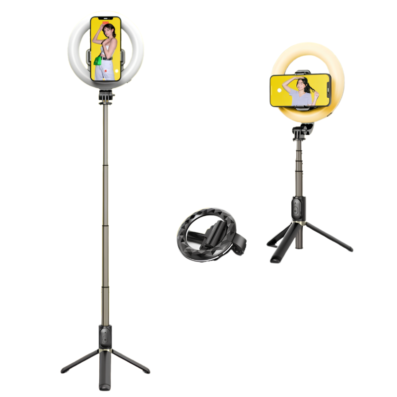 Treppiede con anello LED Bluetooth per selfie, luce di riempimento nera Q07, supporto telefono.