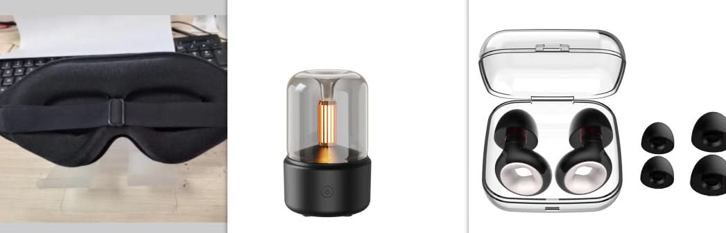 Maschera occhi nera, umidificatore diffusore aromi 120ml con effetto candela LED e tappi per orecchie con custodia
