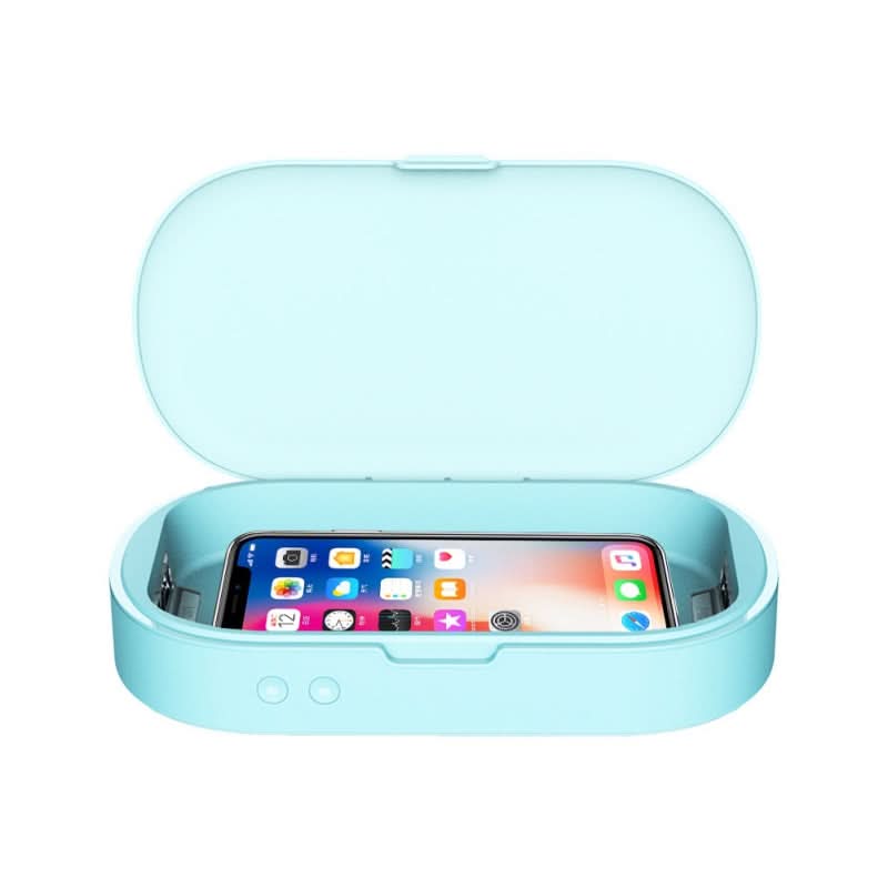 Box sterilizzatore UV a 5V per telefoni, blu chiaro, con aromaterapia, telefono all'interno.