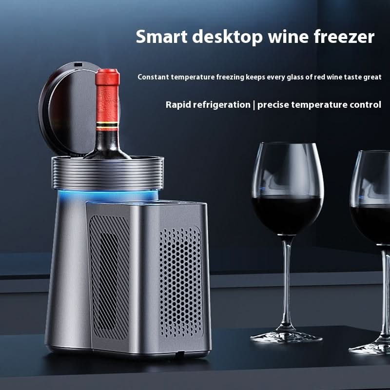 Frigorifero da vino da tavolo compatto in alluminio grigio metallizzato, 60W, con bottiglia di vino e bicchieri.