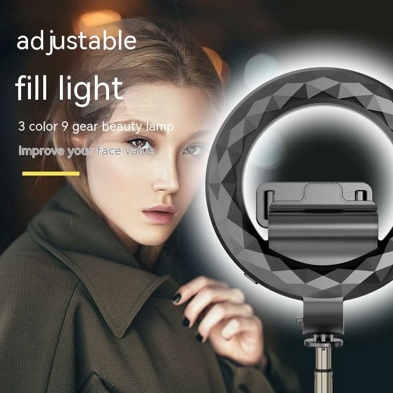 Anello LED di riempimento Bluetooth 5.2 per selfie con treppiede, colore nero, in lega di alluminio.