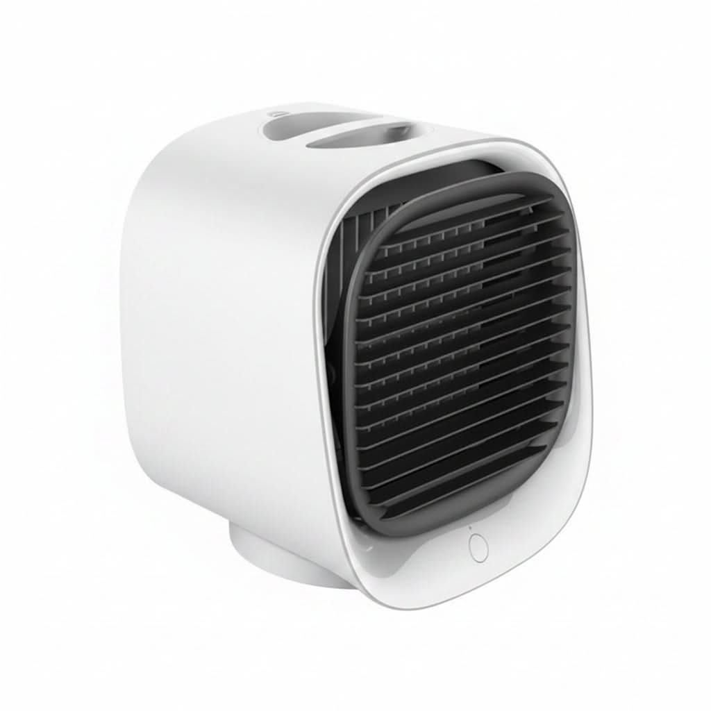 Mini condizionatore d'aria da tavolo con griglia nera frontale e luce notturna LED, design portatile USB.