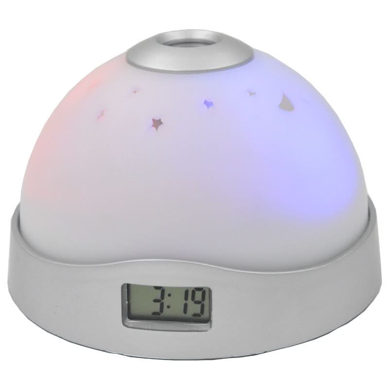 Sveglia proiettore con luce notturna a cupola stellata, base grigia e display 3:19, 86x97x64 mm, AAA non inclusa.