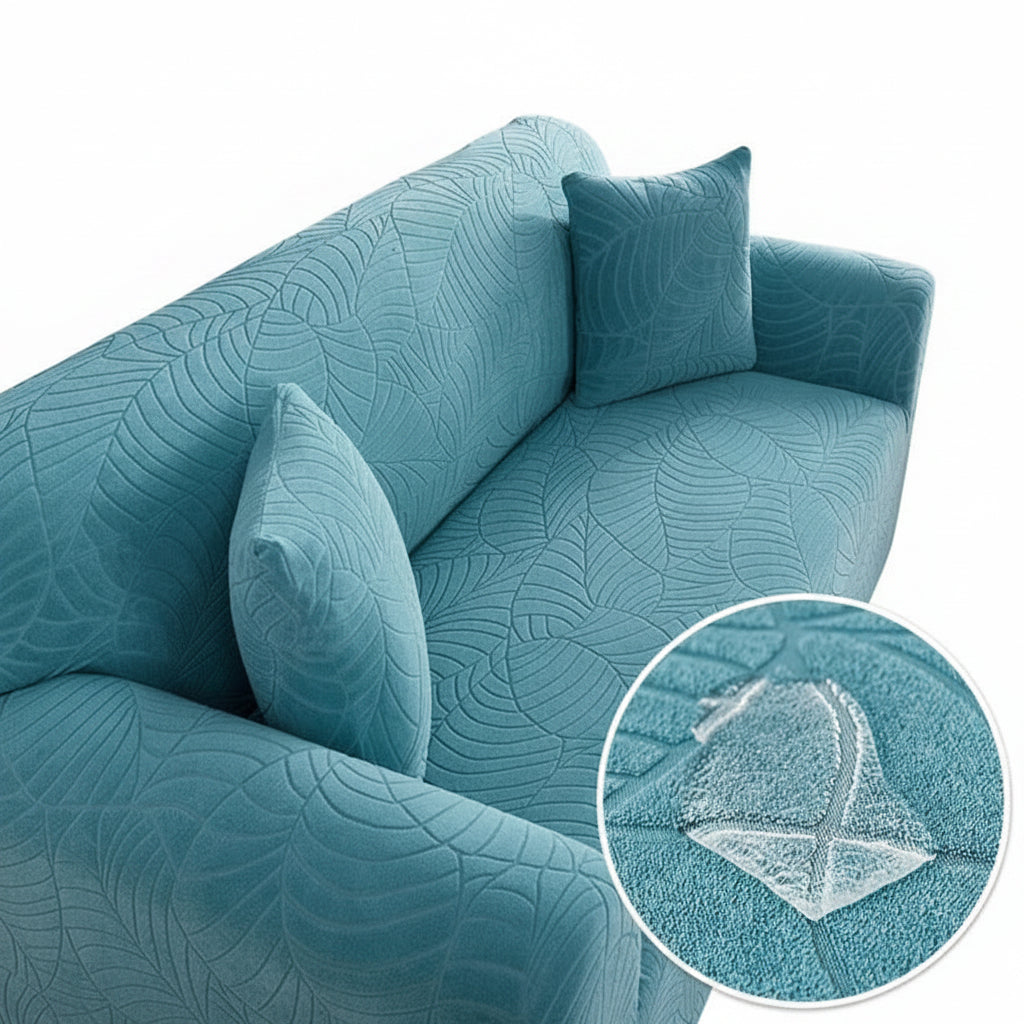 Copertura elastica per divano blu-verde, motivo foglie, poliestere, per divani singoli o doppi