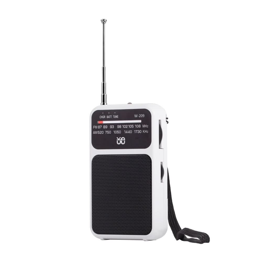 Radio portatile a doppia alimentazione con torcia, FM/AM, bianca, antenna e cinturino