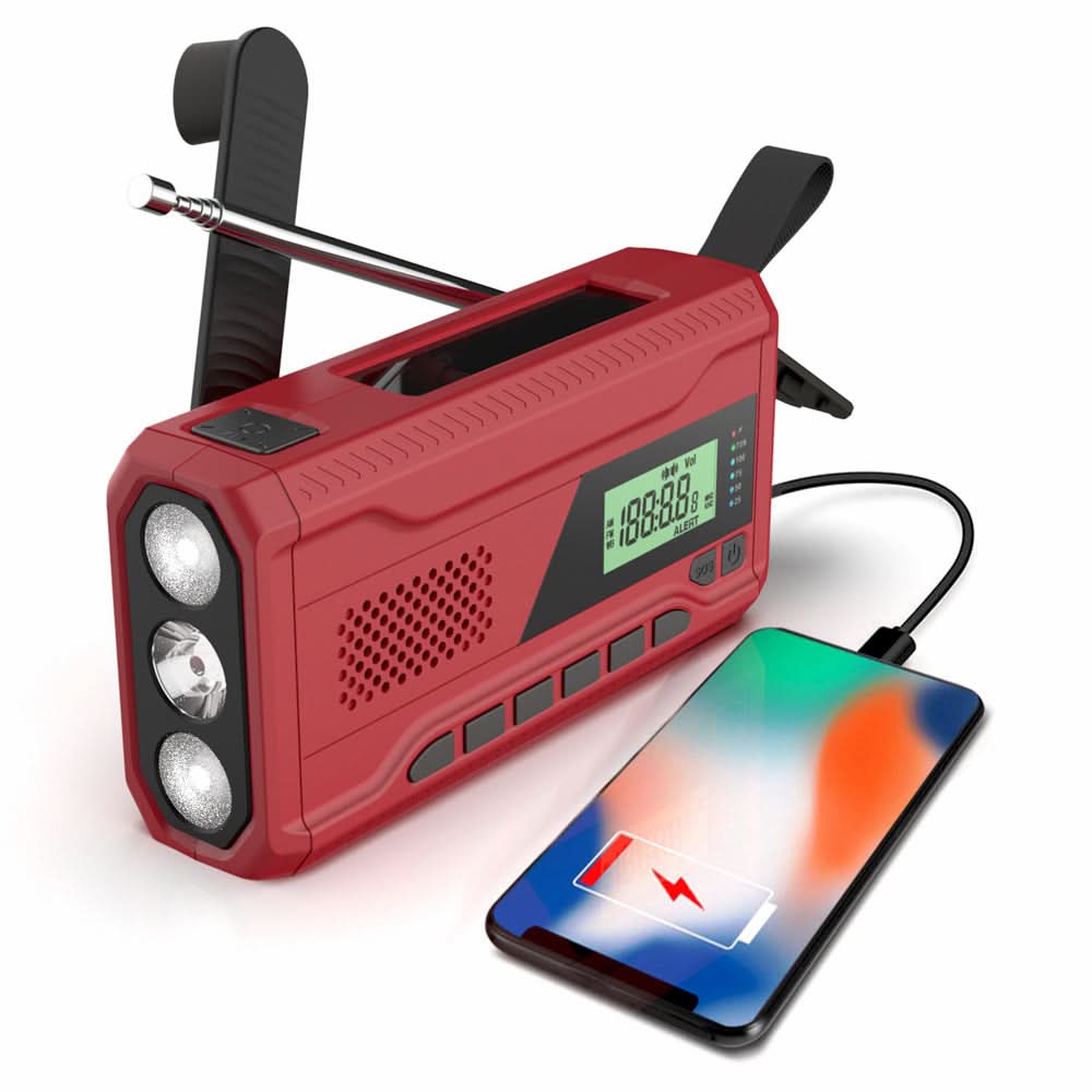 Radio d'emergenza outdoor WR-6A con manovella, luci ad alta luminosità, display LCD e altoparlante integrato.