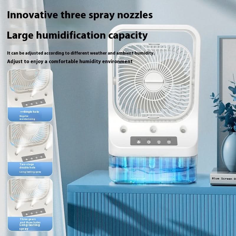 Ventilatore raffreddante USB ricaricabile con serbatoio d'acqua, ugelli spray tripli, 270° regolabile e luci notturne.