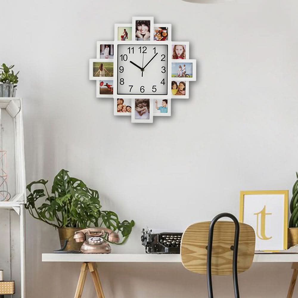 Orologio da parete con cornici fotografiche multiple intorno al quadrante, design creativo e decorativo per soggiorno.