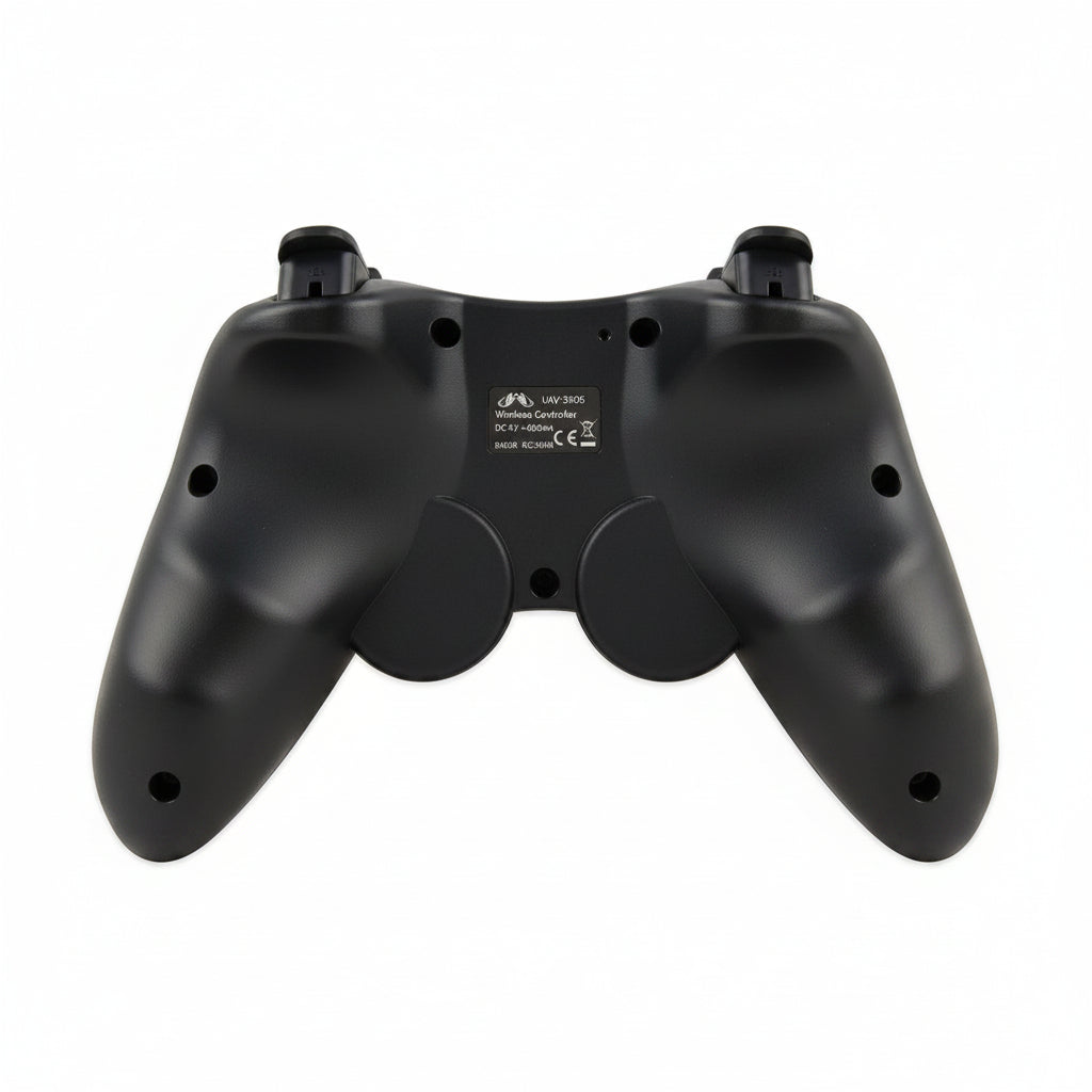 Controllore per giochi mobili nero, retro con impugnature; USB, vibrazione disattivata, compatibile con Android/iOS.