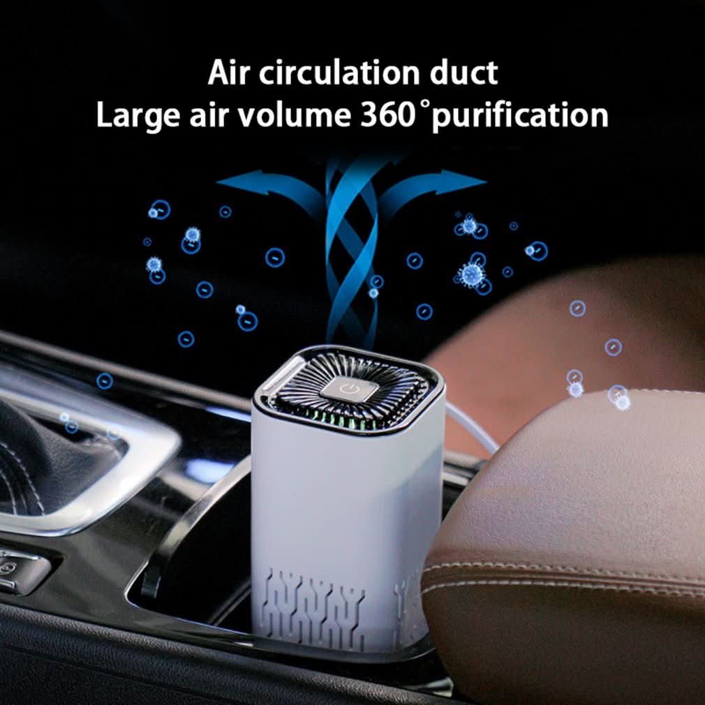 Purificatore d'aria portatile per auto con ioni negativi, rimuove polvere, fumo e odori.
