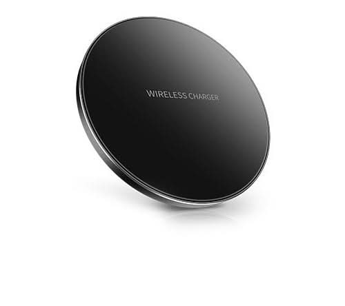 Caricatore wireless rotondo nero con bobina di rame, ricarica rapida 9V/2A, distanza 8 mm, dimensioni 98x98x6,5 mm