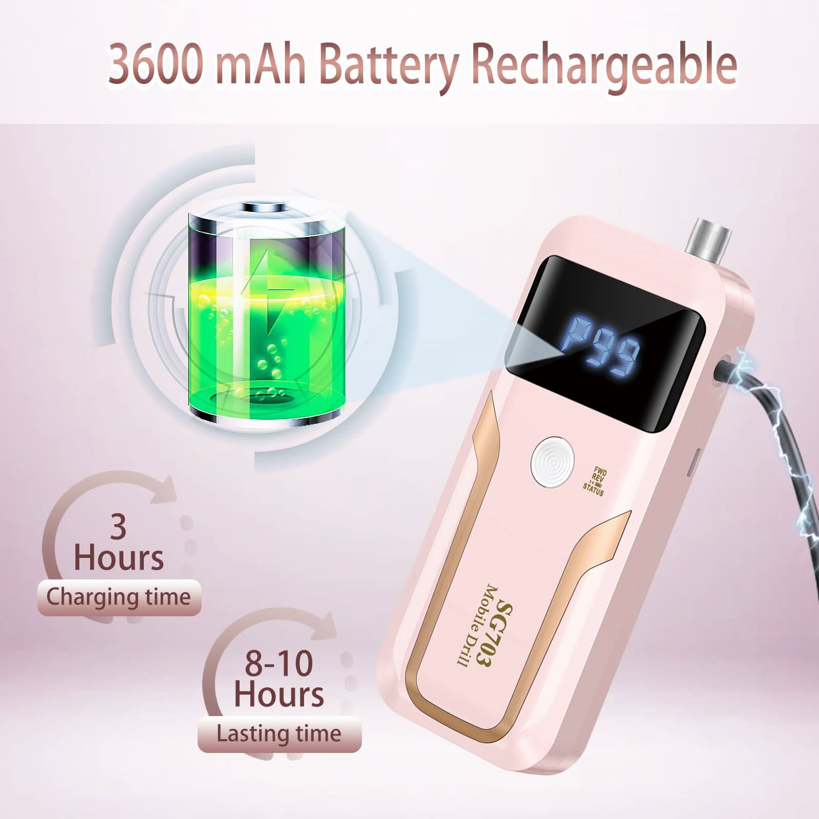 Lampada LED per unghie portatile e ricaricabile, rosa, dimensioni 215×184×54 mm, con adattatore.