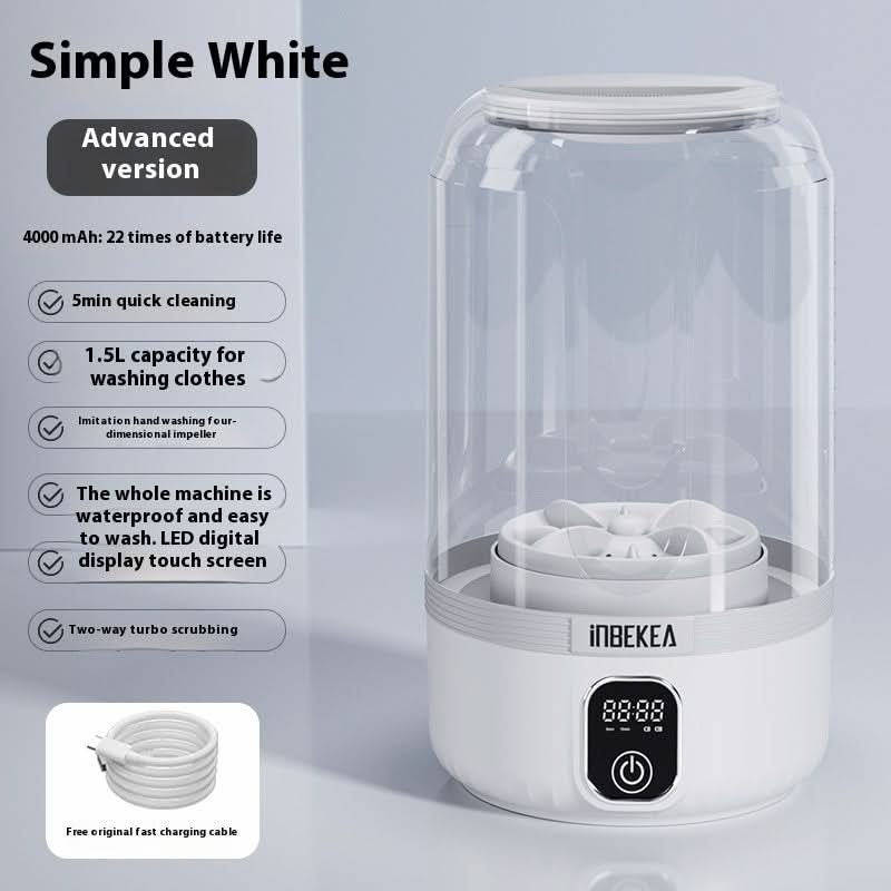 Lavatrice mini portatile wireless bianca, alimentazione USB, dimensioni 145×145×210 mm, display touch.