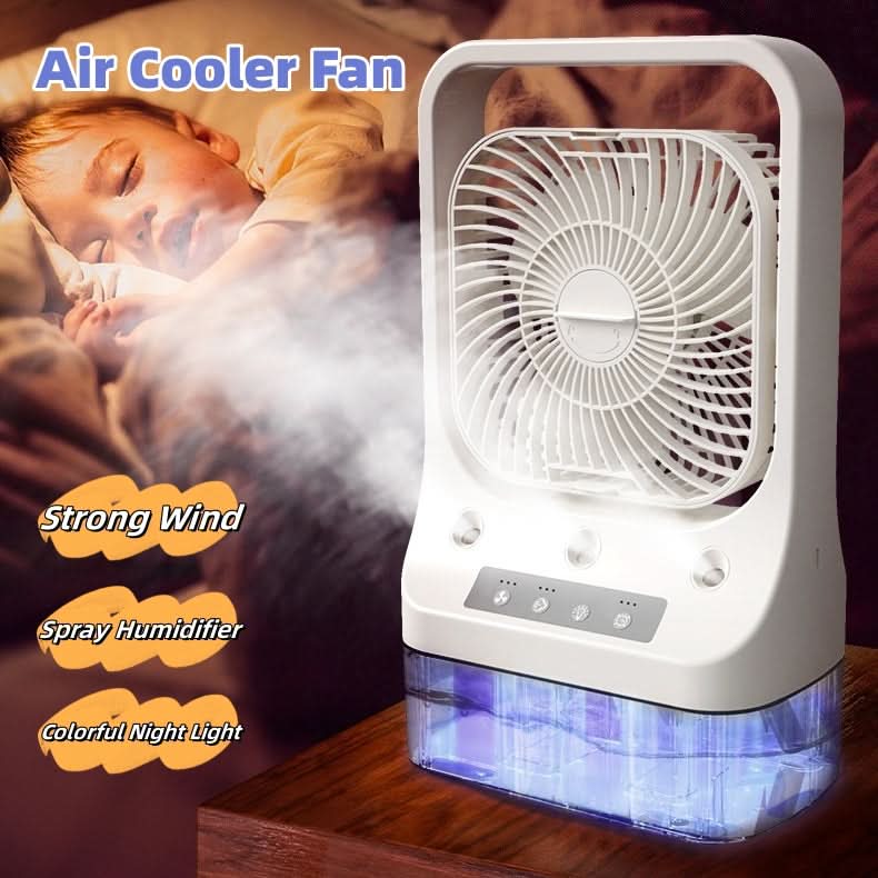 Ventilatore rinfrescante USB ricaricabile con serbatoio d'acqua, testa regolabile e luci notturne colorate