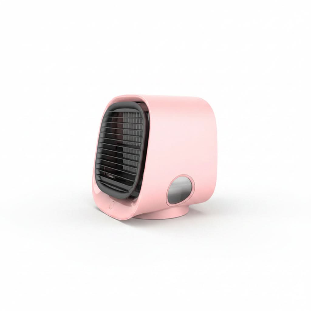 Ventilatore-mini USB rosa: 4-in-1 raffredda, umidifica, purifica; luce notturna, 3 velocità, angoli regolabili.
