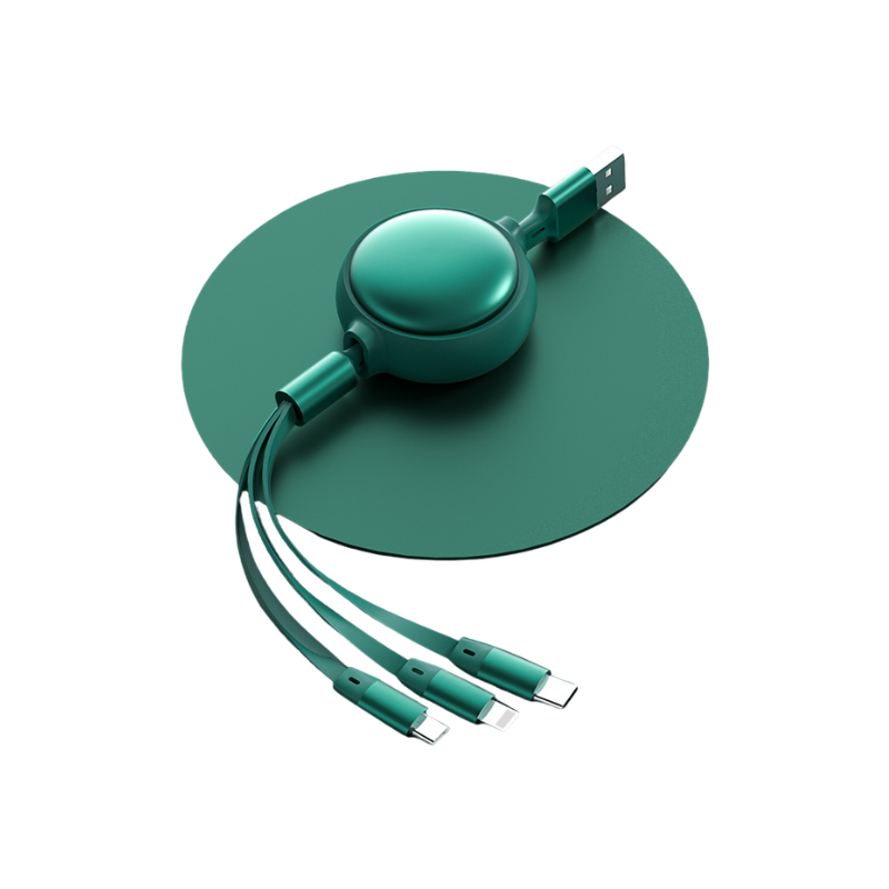Cavo retrattile 3 in 1: Micro USB, USB-C e Lightning, ricarica 2,4 A, design in alluminio verde