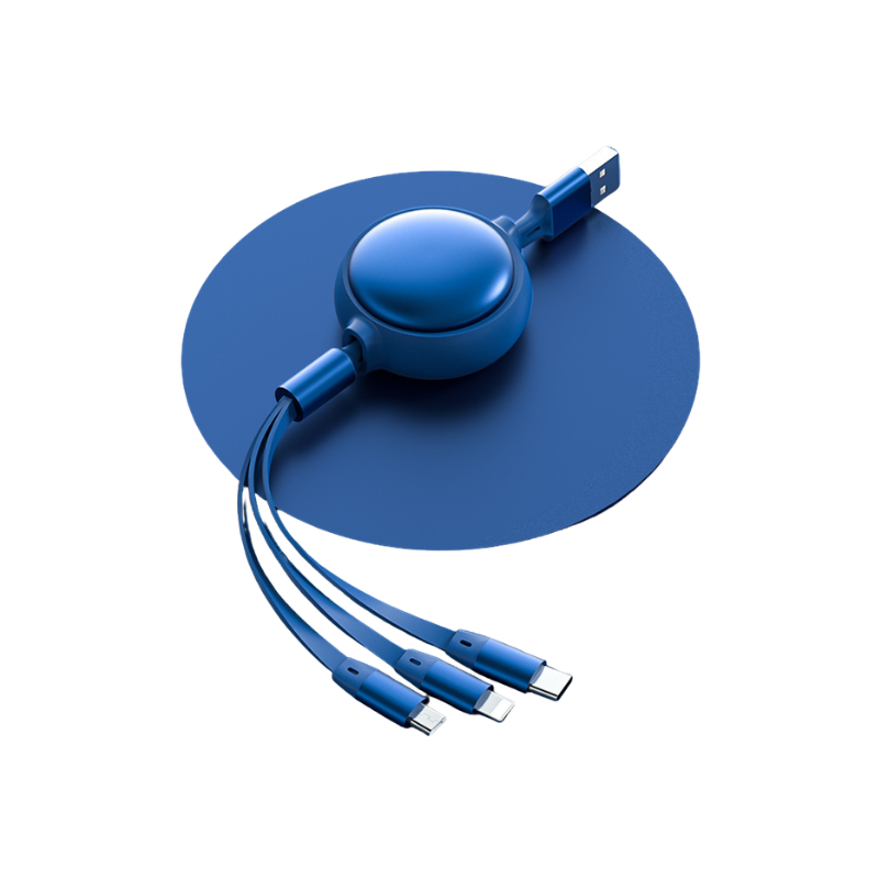 Cavo retrattile 3 in 1: micro USB, USB-C e Lightning, cavo di ricarica da 2,4 A, colore blu