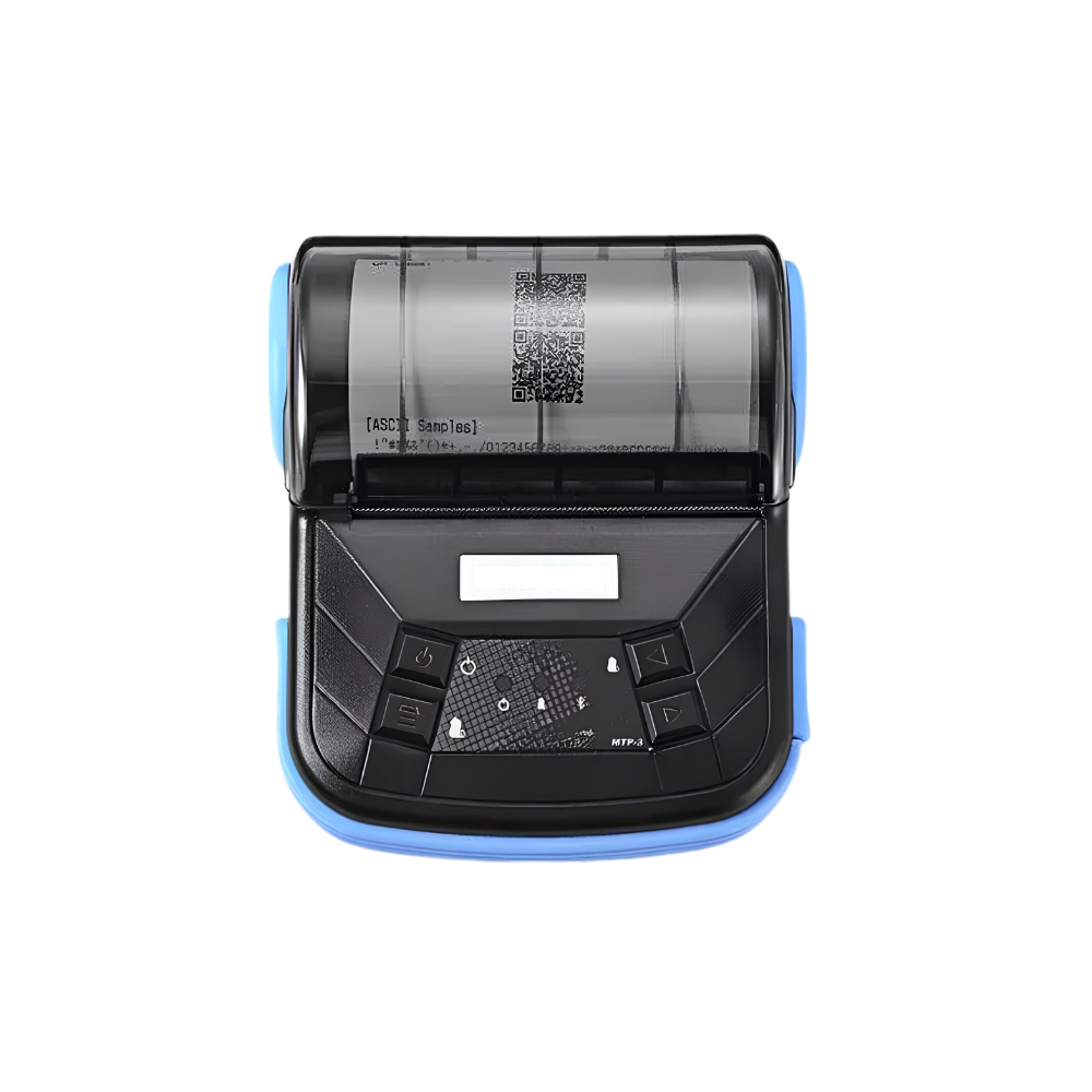 Stampante termica portatile Bluetooth da 80 mm per ricevute d’asporto, con rotolo carta, manuale e caricatore.