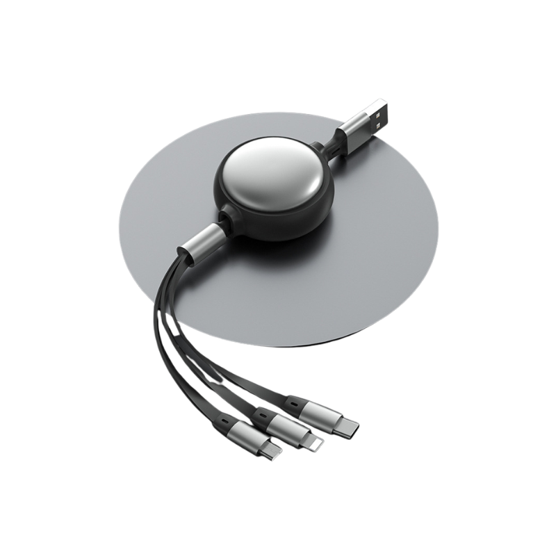 Cavo retrattile 3 in 1 USB: Micro USB, USB-C e Lightning, ricarica 2,4 A, con corpo in alluminio.