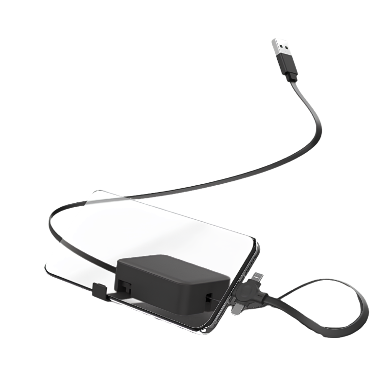 Cavo retrattile USB 4 in 1 con supporto per telefono e connettori Lightning, USB-C e Micro USB, scatola di conservazione