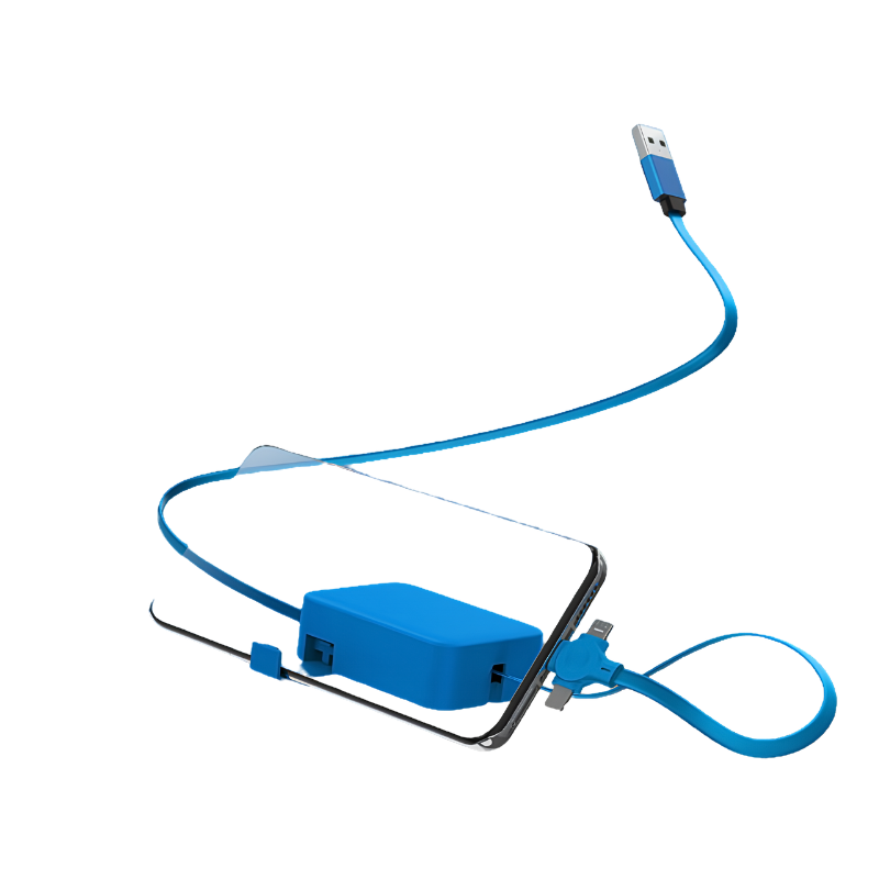 Cavo retrattile 4 in 1 USB-C/Micro/Lightning blu con supporto per telefono e scatola di contenimento.