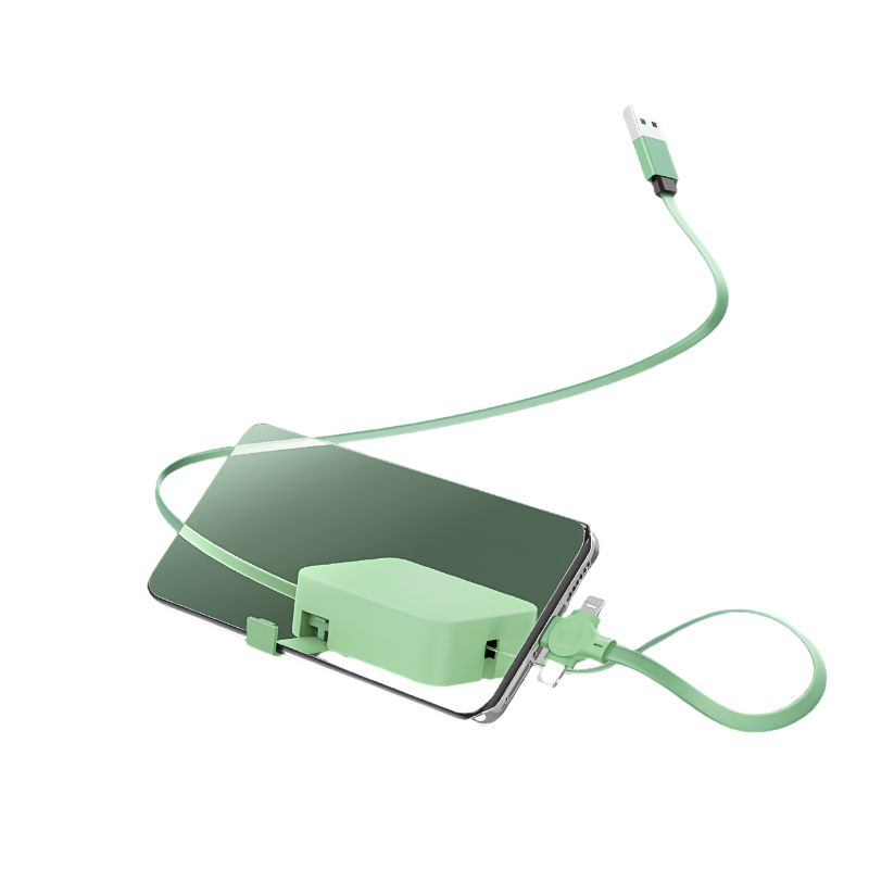 Cavo retrattile 4 in 1 USB per iPhone/Type-C/Micro con supporto telefono e scatola di conservazione verde