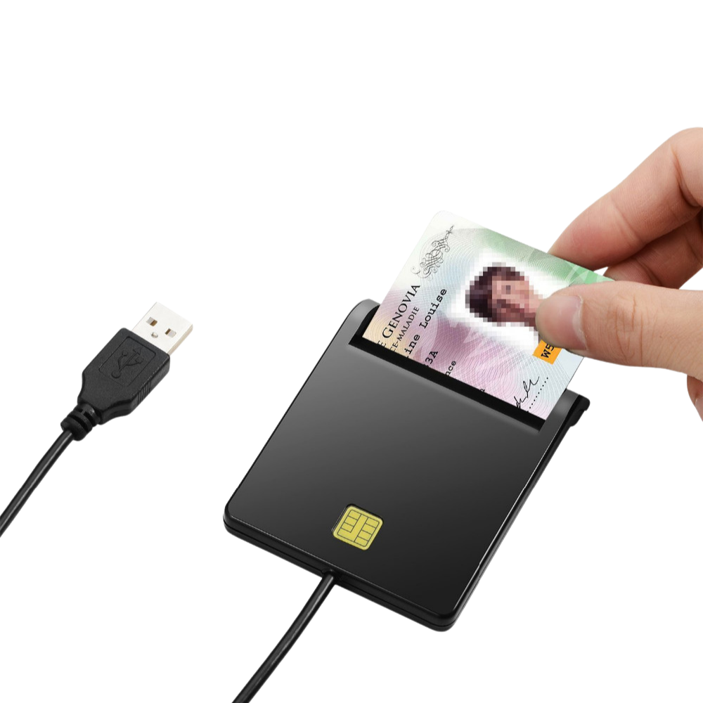 Lettore USB 2.0 per carte smart in ABS nero con carta inserita; supporta DNIE, ID, CAC, SIM.