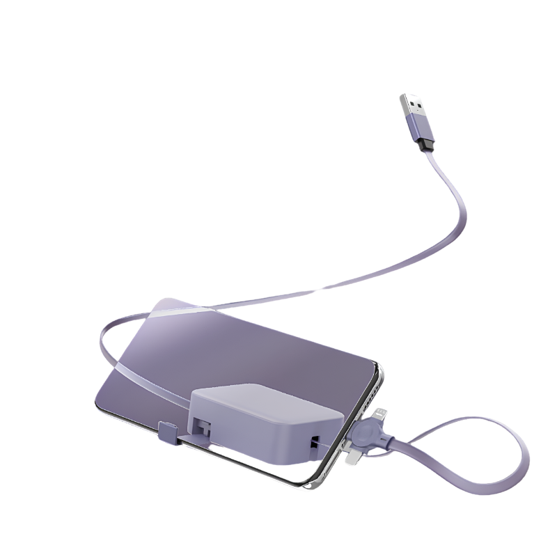 Cavo USB retrattile 4 in 1 viola in stile macaron con supporto telefono e scatola di conservazione