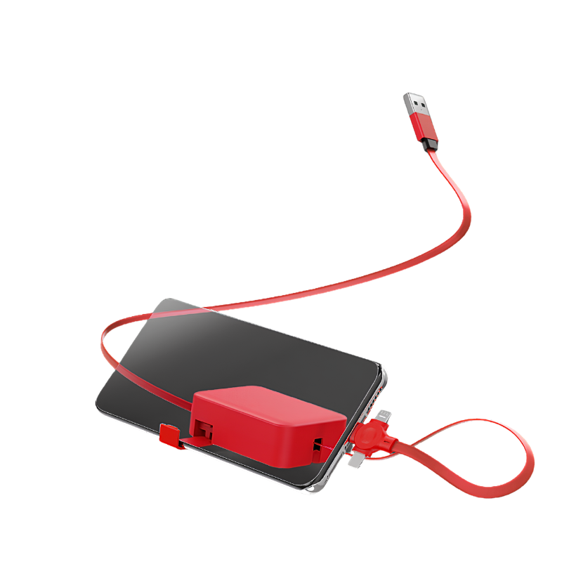 Cavo retrattile USB 4 in 1 rosso con USB-C/Lightning/micro USB e supporto per telefono, stile Macaron.