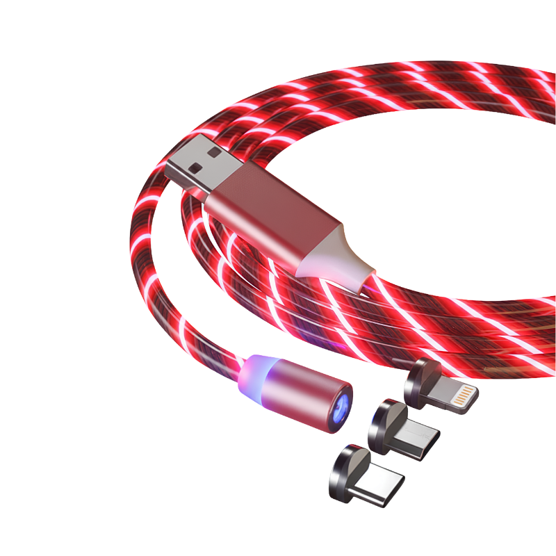 Cavo magnetico di ricarica LED con connettori USB-C/Lightning/Micro USB/USB-A, cavo intrecciato rosso.
