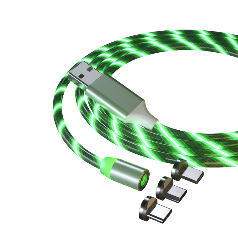 Cavo magnetico di ricarica LED verde con connettori USB-C, Lightning, Micro USB e USB-A