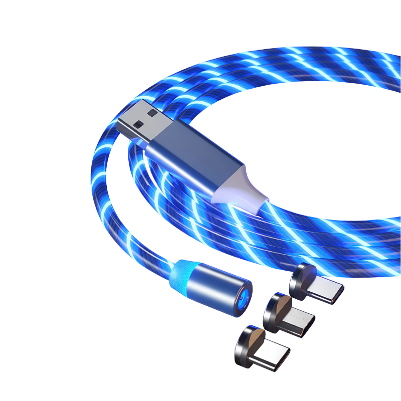 Cavo magnetico di ricarica con connettori USB-C, Lightning e Micro USB, aggancio magnetico LED blu.