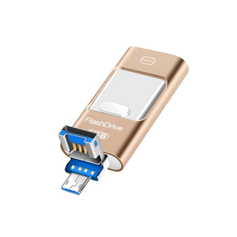 Chiavetta USB tre-in-uno in metallo dorato per smartphone e PC con connettori USB-A, USB-C e Micro USB