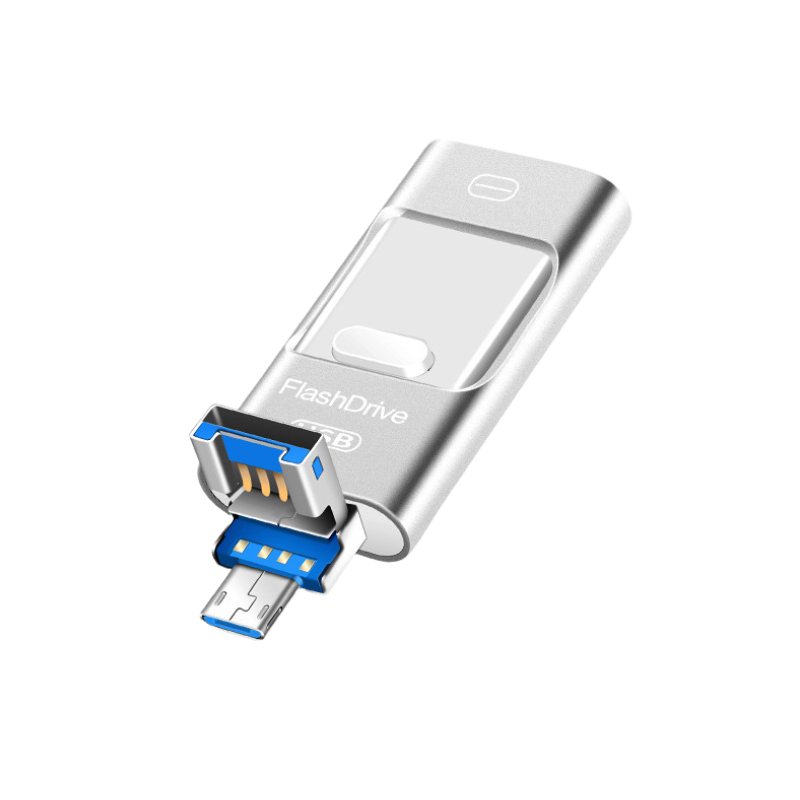 Unità flash drive tre-in-uno in metallo argentato, con connettori blu estraibili, per smartphone e computer.