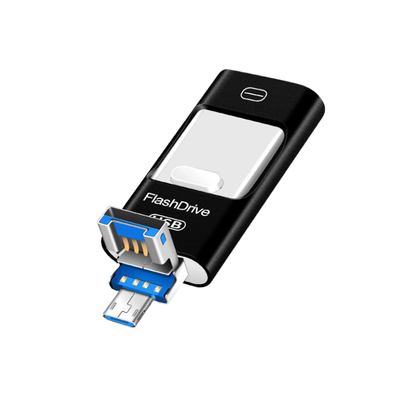 Unità flash USB tre-in-uno in metallo nero con connettori USB-A, USB-C e micro per smartphone e PC.