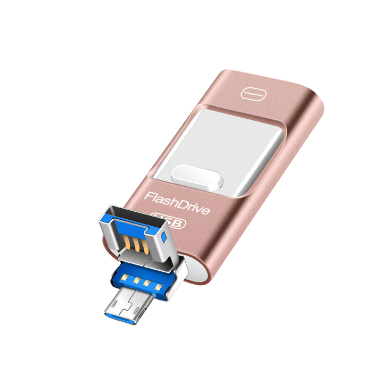 Chiavetta USB universale tre-in-uno in metallo rosa-oro per cellulari e computer.