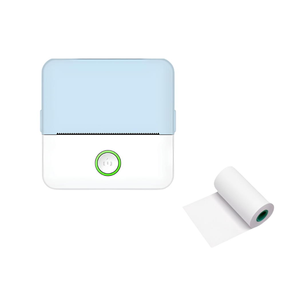 Stampante termica portatile con coperchio azzurro chiaro, corpo bianco e pulsante circolare verde luminoso