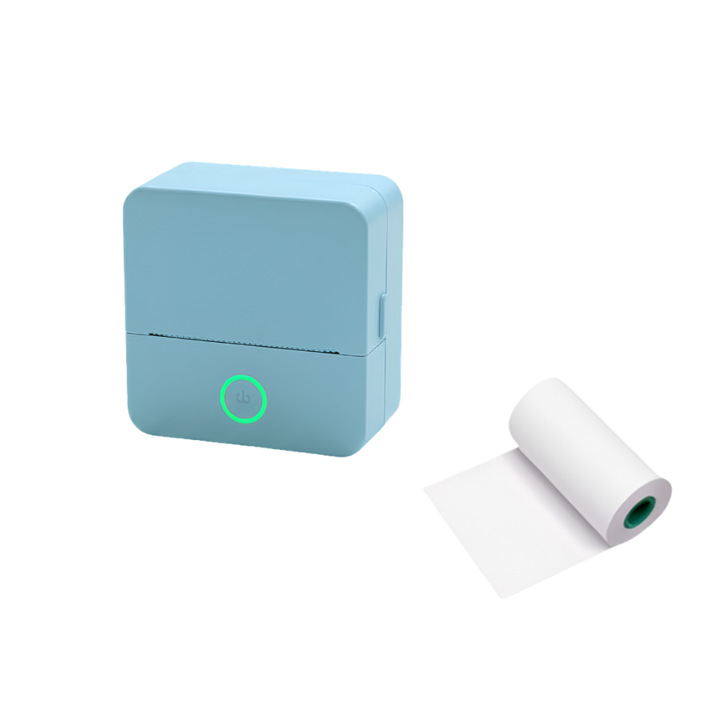 Stampante termica portatile azzurra con pulsante LED verde, 1 rotolo di carta termica.