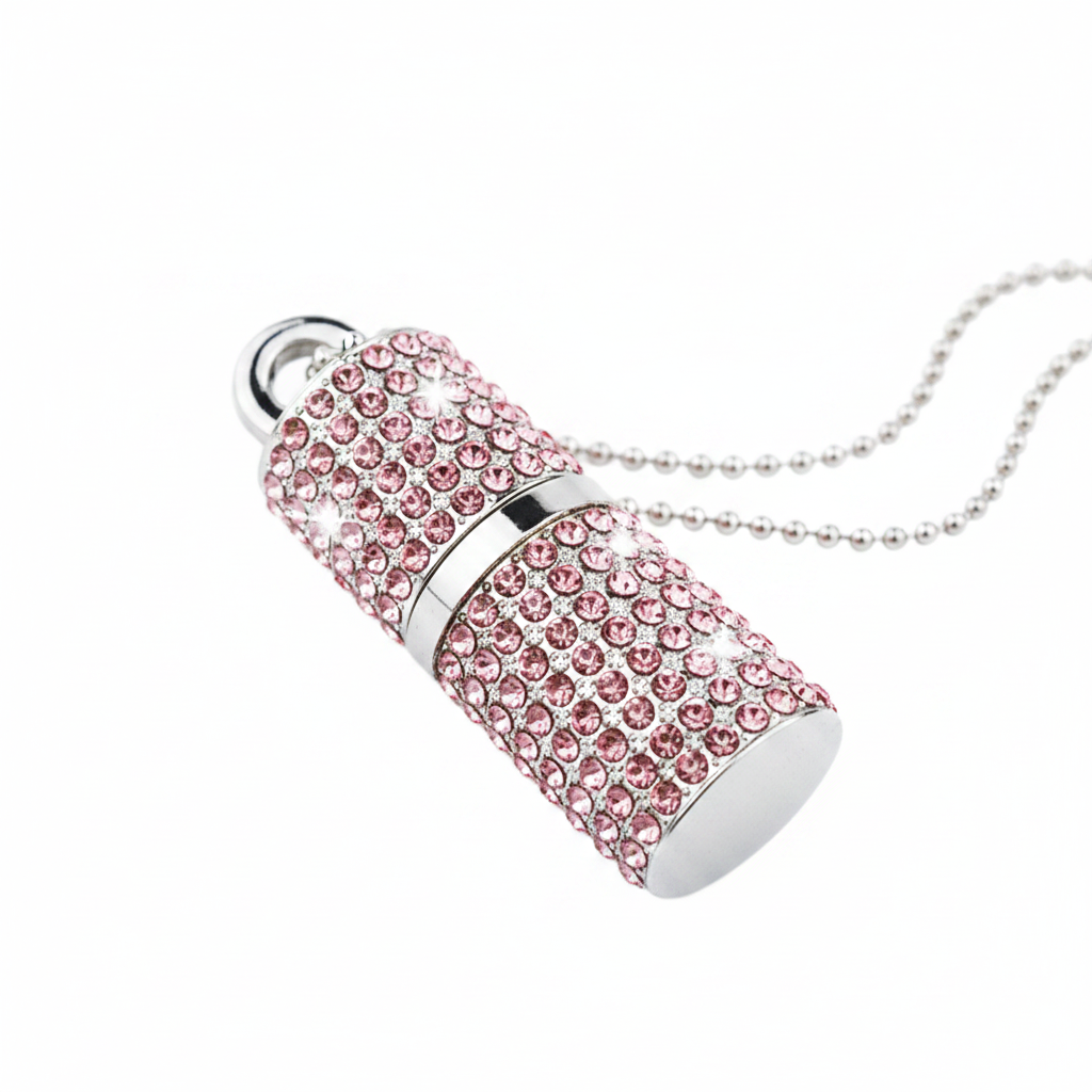 Pen drive cilindro in metallo con strass rosa, pendente, USB 2.0, lettura 20 MB/s.