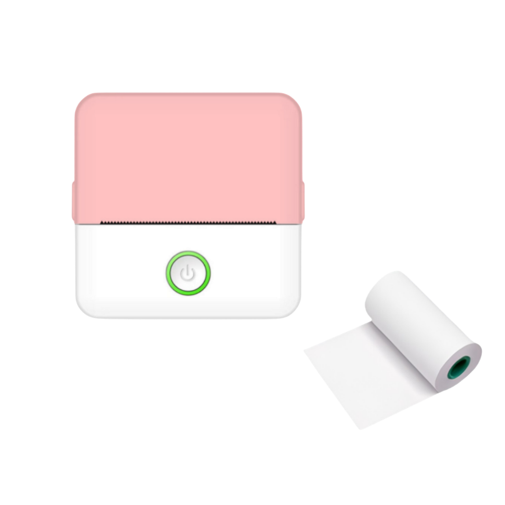 Stampante termica portatile bianco-rosa con pulsante verde, compatta 82x82x45mm, batteria 800mAh