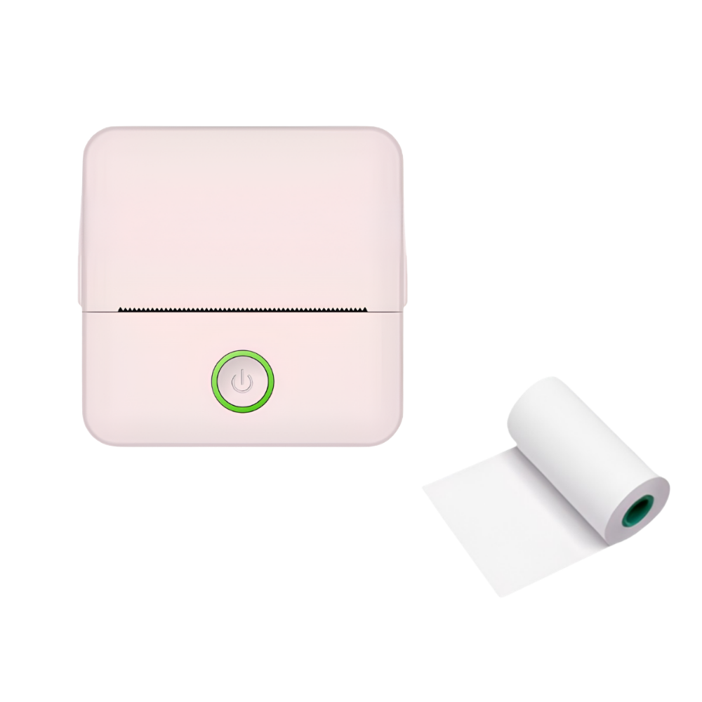 Stampante termica portatile rosa con pulsante verde, dimensioni 82x82x45 mm, batteria da 800 mAh