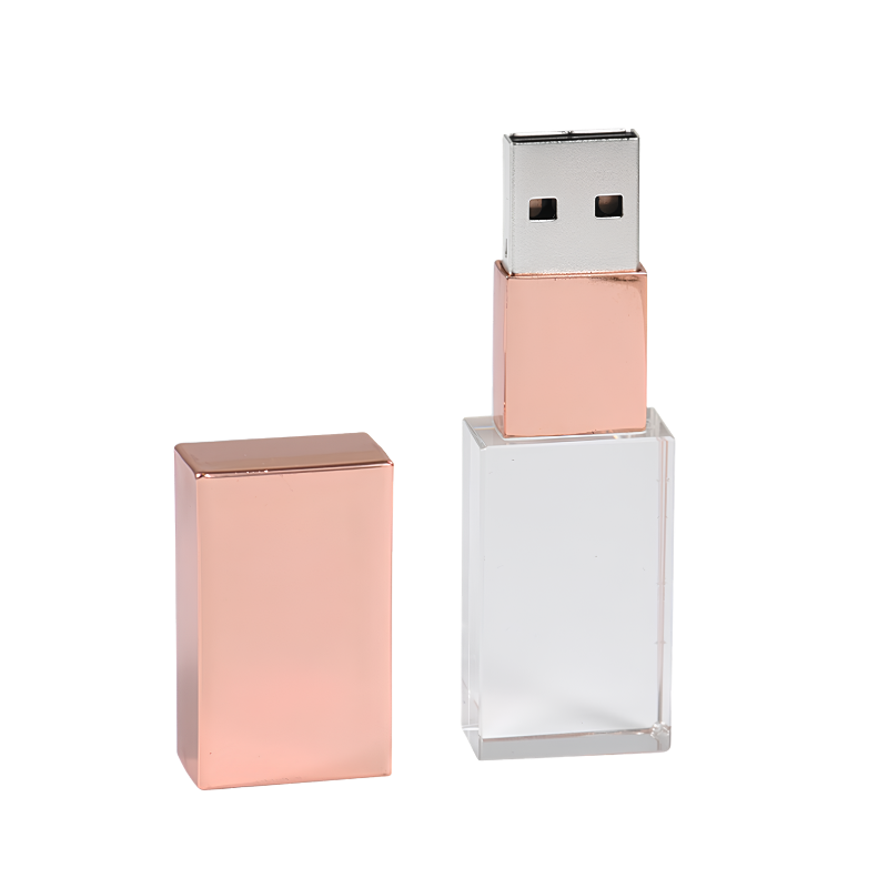 Chiavetta USB cristallo trasparente, corpo in vetro con cappuccio rosa-oro, interfaccia USB 2.0, design fashion