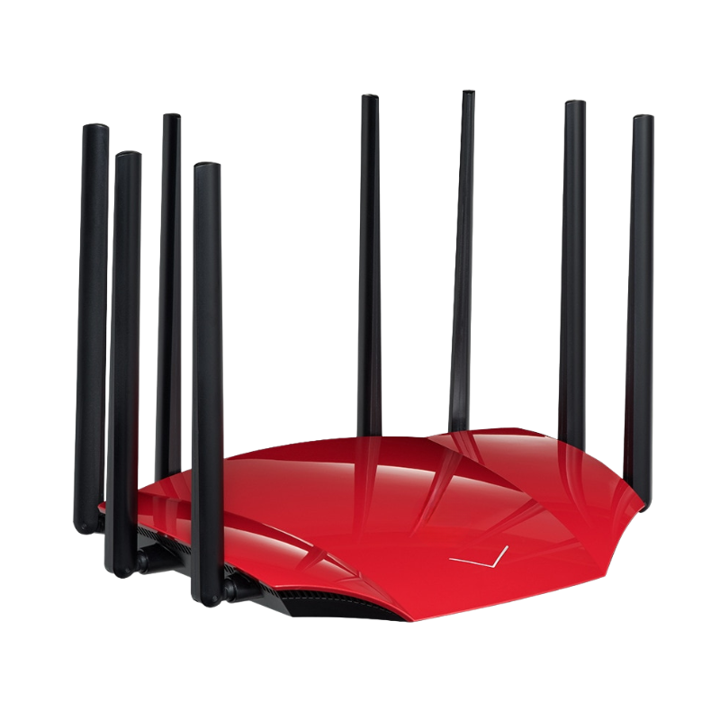 Router wireless rosso con molte antenne, 2.4/5 GHz, 802.11ac, firewall integrato, oltre 1 Gbps, non rimovibile.
