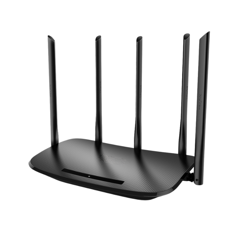Router wireless dual-band a quattro antenne nere, velocità fino a 1000Mbps, supporta VPN.