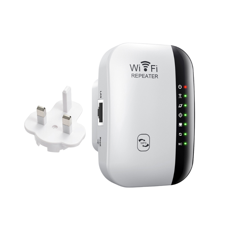 Ripetitore WiFi con alimentatore rimovibile, indicatori LED e pulsante WPS, frequenza 2.4 GHz.