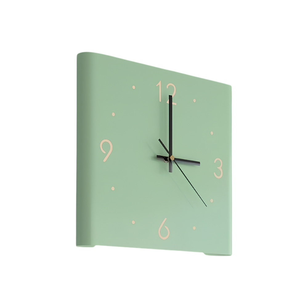 Orologio da parete verde menta, lancette nere, numeri 12 3 6 9, stile fashion per soggiorno.