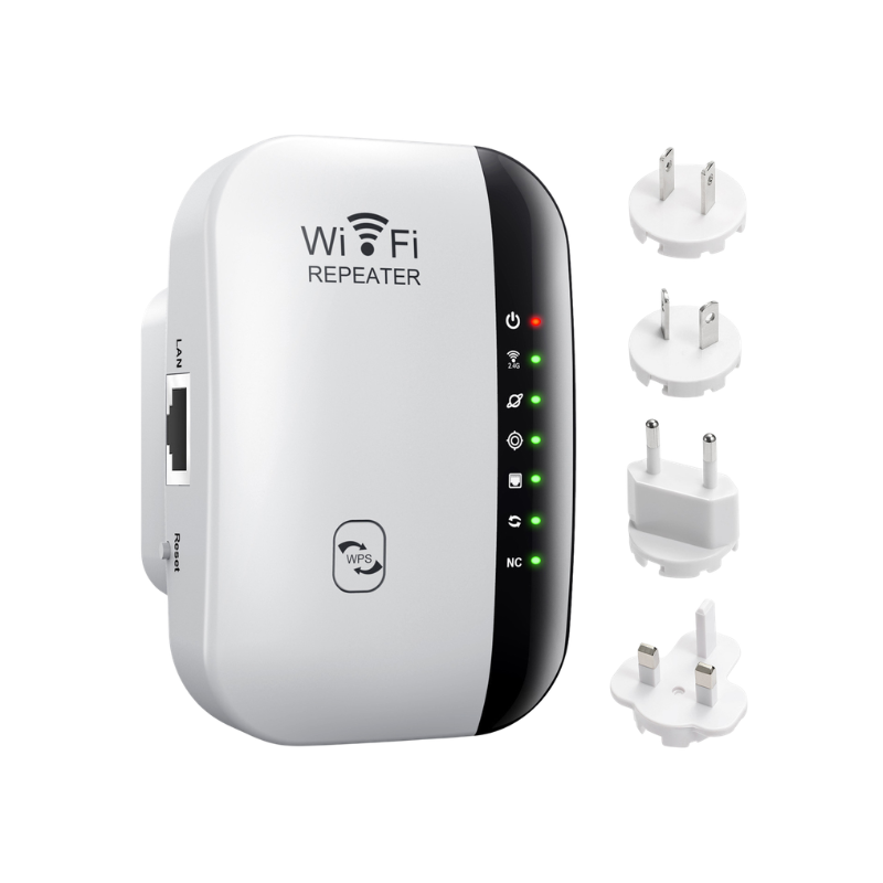 Ripetitore WiFi con alimentatori EU/US/UK, estende rete domestica 2.4 GHz, ABS, 110-230V, portata 10 Km